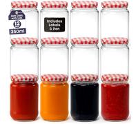 volila Jam Jars with Lids - 350ml Round Jam Jars with Red Gingham Screw Top Lids - Airtight Jars with Lid for Jam, Preserves, Marmalade and Pickle - Preserving Jars with Labels and Pen (12 Pack)
