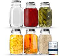 Volila Mason Jars With Lids - 1 Litre Leakproof Glass Jars with Lids, Labels, Pen and Sponge - 6 Pack Large Mason Jar for Preserving, Salad, Overnight Oats, and Pickling