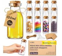 Volila Mini Glass Jars (100ml/3.4oz) with Cork Lids - Wedding & Party Favours (Set of 12) with Funnel & Labels