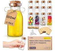 Volila Mini Glass Jars (100ml/3.4oz) with Cork Lids - Wedding & Party Favours (Set of 12) with Funnel & Labels