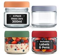 volila Overnight Oats Jar - 4 Pack 300ml Mason Jars with Lids, Black Labels, and Pen - Reusable Airtight Glass Jars for Salad, Dressing, Yogurt, Sauce, Cereal, and Food Storage