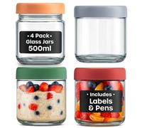 volila Overnight Oats Jar - 4 Pack 500ml Mason Jars with Lids, Black Labels, and Pen - Reusable Airtight Glass Jars for Salad, Dressing, Yogurt, Sauce, Cereal, and Food Storage