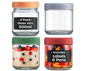 volila Overnight Oats Jar - 4 Pack 500ml Mason Jars with Lids, Black Labels, and Pen - Reusable Airtight Glass Jars for Salad, Dressing, Yogurt, Sauce, Cereal, and Food Storage