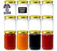 Volila Round Jam Jars with Gold Screw Top Lids - 350ml Airtight Jars for Jam, Preserves, Marmalade & Pickle - 12 Pack with Labels and Pen