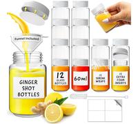 volila Shot Bottles with Lids - 12 Pack 2oz/60ml Reusable Glass Shot Bottles with Lids, Funnel, Labels, Shrink Wrap, Cleaning Brush and Extra Foam Insert - Portable and Leakproof