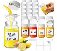 volila Shot Bottles with Lids - 24 Pack 2oz/60ml Reusable Glass Shot Bottles with Lids, Funnel, Labels, Shrink Wrap, Cleaning Brush and Extra Foam Insert - Portable and Leakproof