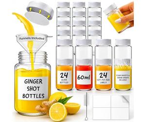 volila Shot Bottles with Lids - 24 Pack 2oz/60ml Reusable Glass Shot Bottles with Lids, Funnel, Labels, Shrink Wrap, Cleaning Brush and Extra Foam Insert - Portable and Leakproof