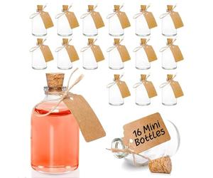Volila Small Glass Bottles - 16 Pack 50ml With Cork Stopper, Rubber Funnel, Labels and String - 8 x 4cm Clear Potion Bottles for Storage, Wedding Favours and Crafts