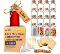 Volila Small Glass Bottles with Corks (25ML x 16 Pack) - Mini Containers with Stoppers for DIY Crafts, Wedding Favours, Potions - Includes Labels, String and Funnel