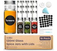 volila Spice Jars - 16 Pack 120ml Glass Spice Jars with Lids and Labels, Stickers, Pen, Cleaning Sponge and Funnel - Refillable Square Seasoning Jars for Spices, Herbs, Salt and Pepper