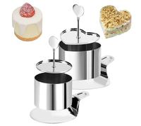 VolksRose 2-in-1 Heart & Round Cake Ring Molds - 3 Inch Seamless Stainless Steel Mousse Mold Set with Handle Base & Pusher, Crumpet Rings for Cooking, Baking, Rice Balls, DIY Desserts, Tiramisu Mold
