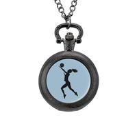 Volleyball Girl Silhouette Spike Attack Vintage Pocket Watch Alloy Pendant Watches Necklace Gift for Men Women Black-Style