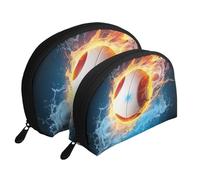 Volleyball with fire and ice Print Shell-Shaped 2-Piece Makeup Bag Set Travel Cosmetic Organiser Stylish Storage for Beauty & Gifts for Women Girls