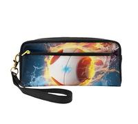Volleyball with fire and ice Printed Leather Makeup Bags with Wrist Strap Portable Travel Toiletry Bag Cosmetic Organizer Bag for Women