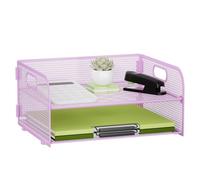 Volmop 2 Tier Metal Mesh Desk File Organizer, Letter and Paper Tray with Handle, Non-Slip Base for Office School Supplies, Purple