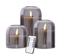 volnyus Gray Glass Flameless Candles Set of 3 (Φ 4" H 4" 5" 6") with Remote Battery Operated Flickering LED Pillar Candles Real Wax 3D Wick