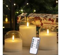 volnyus White Glass Flameless Candles Set of 3 (Φ 4" H 4" 5" 6") with Remote Battery Operated Flickering LED Pillar Candles Real Wax 3D Wick