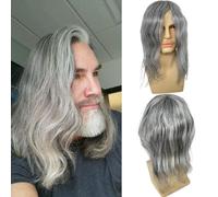 Voloria Swiss Full Lace Men's Toupee Real Hair 1B Mixed 80% Grey Synthetic Hair Replacement for Men Hairpiece 30.5 cm Long Hair