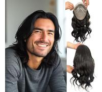 Voloria Tupé Men 12 Inch Long Loose Wavy 100% Human Hair Replacement System for Men Base Size 10x8 Inch Natural Black