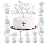 Volsha First Holy Communion Cake Topper God Bless Cake Topper Decorations Grail Cross Christening Baptism Confirmation 1st Communion Party Decor Christian Baptism Cake Topper