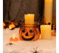 Voltico Glass Pumpkin Tealight Holder with Handle - Halloween Candle Holder, Orange Jack O’ Lantern Glass Decoration, 10 x 10 x 8cm, Spooky Table & Window Décor