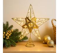 Voltico Gold Strip LED Light-Up Star Christmas Tree Topper, Battery Operated Metal Wire Star with Glitter & Warm Lights, 25×28cm Golden Tree Top Decoration with Spring Base for Holiday Indoor Décor