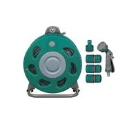Voltico Hose Reel with Stand 15m Garden Hose Set with 6 Dial Spray Gun Tap Connector Water Stop Connectors Wall Mounting Bracket for Lawn Car Wash and Outdoor Watering