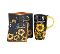 Voltogar 17oz Ceramic Coffee Travel Mug with Handle & Splash-Resistant Slider Lid, Large Capacity Porcelain Tall Tea Sunflower & Black Art Cup with in Color Box, 6.5" H