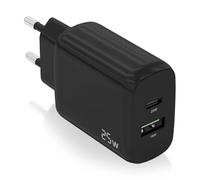 VoltShine Charger 25W with 1xUSB-C PD3.0 and 1xUSB-A QC3.0, Black Color, Ideal for Charging Mobile Devices and Tablets Fast.