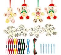 volumoon 10 Pieces Christmas Wooden Cross Stitch Kits, Christmas Tree Ornaments Hanging Decorations Wooden Christmas Decorations, Christmas Arts and Crafts for Beginners DIY Project (Gingerbreadman)