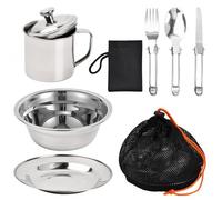 Volumoon 8pcs Outdoor Travel Cutlery, Portable Tableware, Stainless Steel, Picnic Cutlery Tableware, Camping Cutlery Set with Spoon, Knife, Fork, Cup, Bowl, Plate, Mesh Bag, Cutlery Bag for Hiking