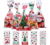 Volumoon Christmas Cellophane Bags, 100Pcs, 5 Styles, 12.5 x 27 cm, Christmas-Themed, Ideal for Gifting & Parties