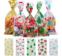 volumoon Christmas Cellophane Treat, 100Pcs Christmas Cellophane Bags,Biscuit Bags with Christmas Designs,5 Styles of Clear Cellophane Bags,for Xmas Party Supplies and Festive Gift (Christmas-2)