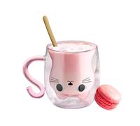 volumoon Cute Cat Mug, Milk Cup Double Wall, Insulated Glass Espresso Cups, Cappuccino Latte Glass Milk Tea Cup, Clear Mugs with Handles for Women Cat Lovers Home Office Birthday Gift 300ML (Pink)