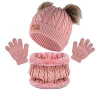 volumoon Kids Beanie Hat Scarf Gloves Set, Thermal Knit Hat Scarf and Gloves Set, Winter Thick Warm Accessories Sets with Double Layer Fleece Lining for Boys Girls and Toddlers Outdoor Sports (Pink)