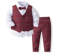 Volunboy Baby Boys Gentleman Suit, Toddler Formal Waistcoat Outfit Wedding Shirts + Vest +Bow Tie 4 PCS Set(2-3 Years,Red Plaid,Tag Size 100)
