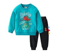 Volunboy Toddler Boy Sweatshirt Jogging Bottoms 2PCS Outfits, Dinosaur Jumper Long Sleeve Top Pants Clothing Sets(Sea Blue,2-3 years,Tag size 100)