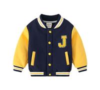 Volunboy Toddler Boys Varsity Baseball Jacket, Button Down School Coat Stand Collar Letter R J Patch Outwear With Pocket(Tag Size 120,4-5 Years,Yellow)