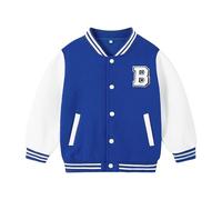 Volunboy Toddler Boys Varsity Baseball Jacket, Button Down School Coat Stand Collar Letter R J Patch Outwear With Pocket(3-4 Years,Blue White,Tag Size 110)