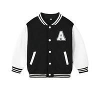 Volunboy Toddler Boys Varsity Baseball Jacket, Button Down School Coat Stand Collar Letter R J Patch Outwear With Pocket(2-3 Years,Black White,Tag Size 100)