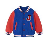 Volunboy Toddler Boys Varsity Baseball Jacket, Button Down School Coat Stand Collar Letter R J Patch Outwear With Pocket(1-2 Years,Blue Red,Tag Size 90)