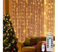 Volunx 300LED 3x3m LED Curtain String Lights 8 Modes Waterproof Copper Lights USB Powered Plug Remote Control Timer, Bedroom Christmas Party Wedding Decoration New Year (Warm White)