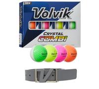 Volvik New Crystal Combi Dual Color Golf Balls 1 Dozen Bundle with Genuine Italian Real Solid Leather Belt (Grey), Unisex