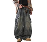 VOLYMOON Y2K Vintage Baggy Jeans Fashion Graphic Causal Straight Leg Denim Pants, Vintage Blue, Medium