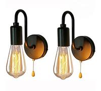 VOMI E27 Black Vintage Wall Lamp Light with Pull Cord Switch, Metal Iron Wall Sconce Light Fixture Industrial Retro Wall Wash Lights for Restaurant Living Room Bedroom Office Cafe Indoor Lamp, 2 Pack