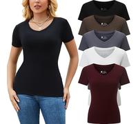 Vomidia 5 Pack Women's V Neck T Shirts Short Sleeve Slim Fit Casual Tees, 5 Pack：black/White/Coffee/Red/Grey, L