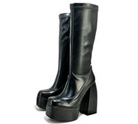 VOMIRA Ankle Boots for Women Chunky High Heel Sqaure Toe Side Zipper Pu Leather Stretch Boots Platform GoGo boots, B Black Pu, 4 UK