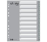 VON Leitz 10 Pack of 10 Number Indexes A4, 1-10 Numbered Dividers for Folders, Polypropylene, Von Leitz Leitz, Extra Wide, 11-Hole Universal Index for Loose Leaf Folders and Ring Binders, Grey,