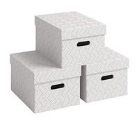 VON Leitz 61410001 Set of 3 Storage Boxes with Lids, 15 L, Medium, 100% Recycled Cardboard, Geometric Design, for School, Study & Household, White, Pack of 3