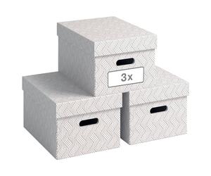 VON Leitz 61410001 Set of 3 Storage Boxes with Lids, 15 L, Medium, 100% Recycled Cardboard, Geometric Design, for School, Study & Household, White, Pack of 3